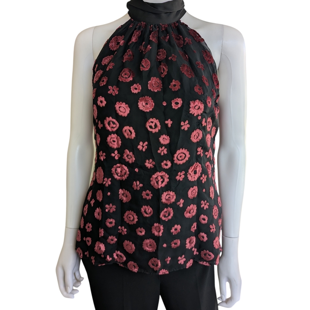 Ramy Brook "Pam" velvet floral halter top. The black, sleeveless blouse features